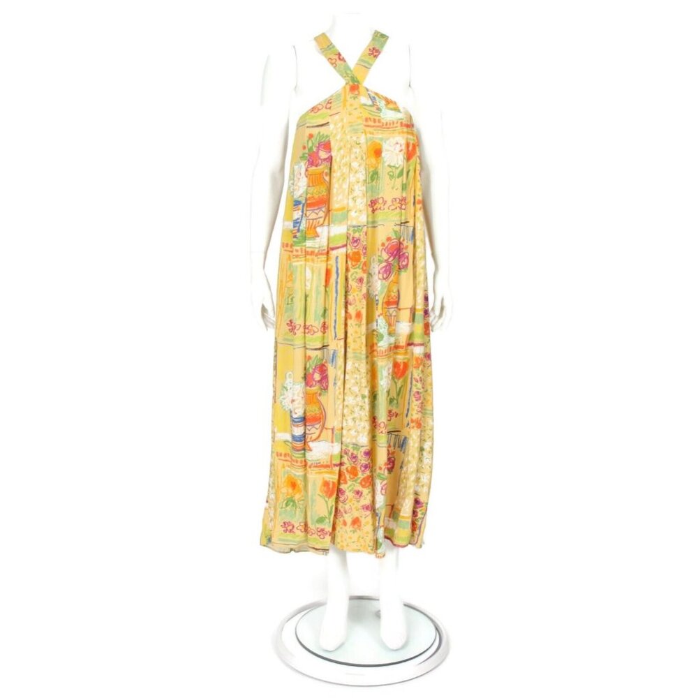 Collina Strada Dress size M playful crayon art yellow floral maxi rayon - 902